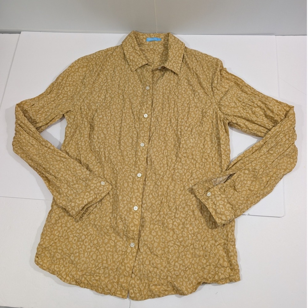 J.McLaughlin Leopard Print Cotton Blend Button Down Shirt Yellow XS